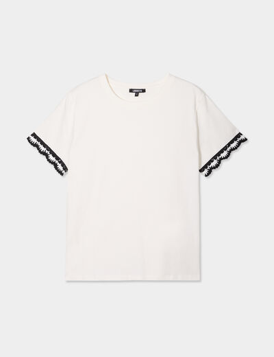 T-shirt manches bords dentelle coton blanc femme