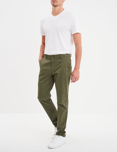 Pantalon chino droit stretch retroussé vert kaki homme