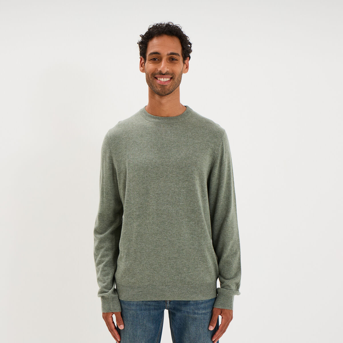 Pull col rond manches longues vert kaki homme