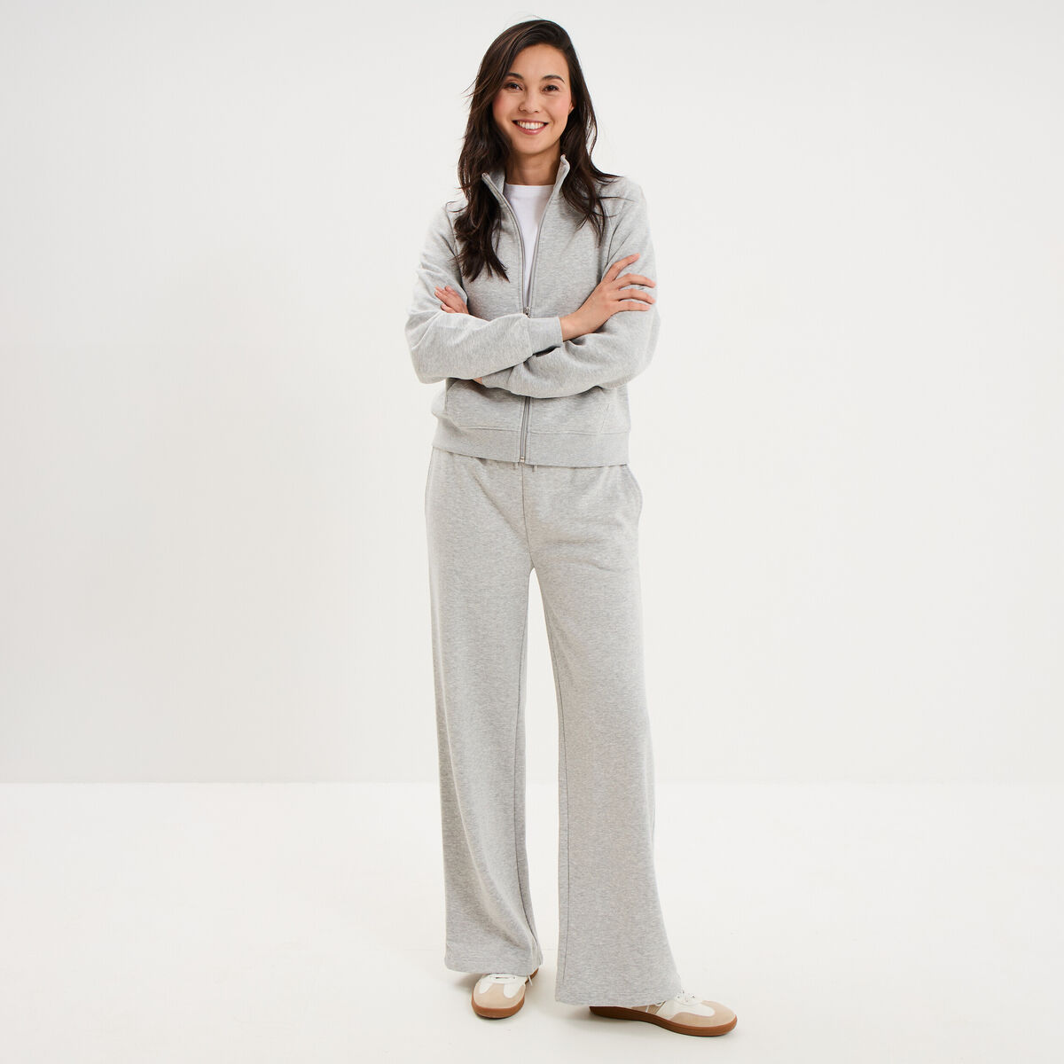 Sweat zipp&eacute; molleton col montant gris clair femme