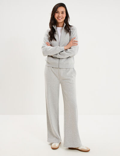 Sweat zipp&eacute; molleton col montant gris clair femme