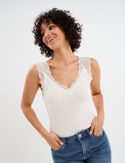 D&eacute;bardeur ajust&eacute; avec dentelle col V blanc femme