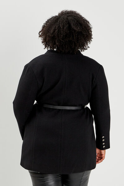 Manteau esprit officier droit ceinturé noir femme grande taille
