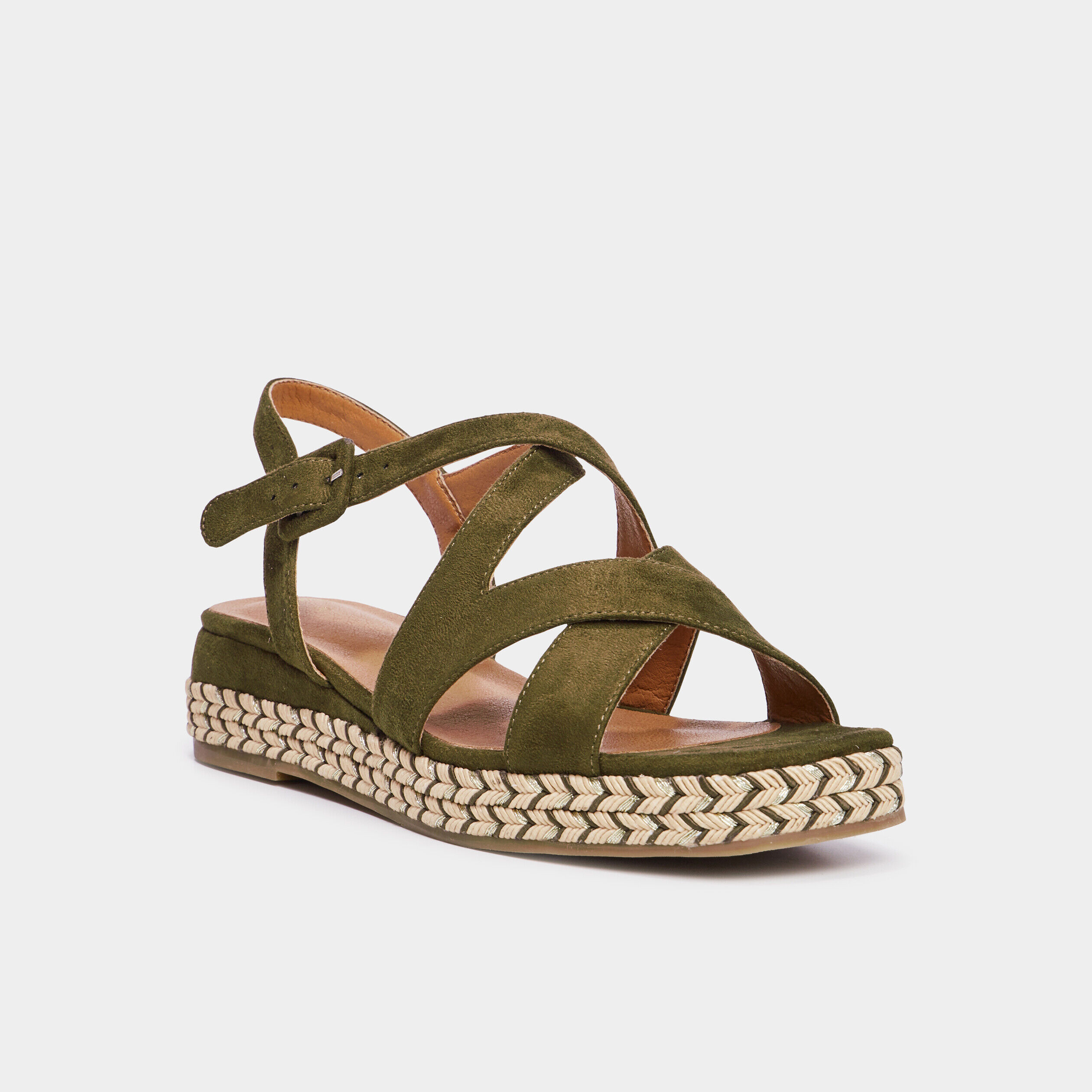 Sandales suédines semelles corde vert kaki femme LH