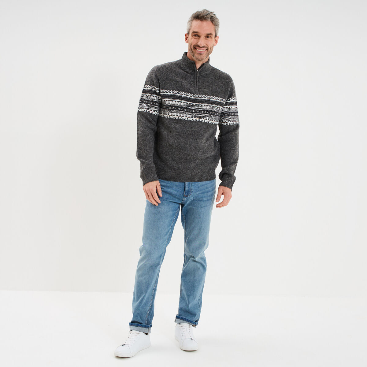 Pull camionneur jacquard manches longues gris fonc&eacute; homme