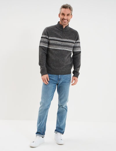 Pull camionneur jacquard manches longues gris fonc&eacute; homme
