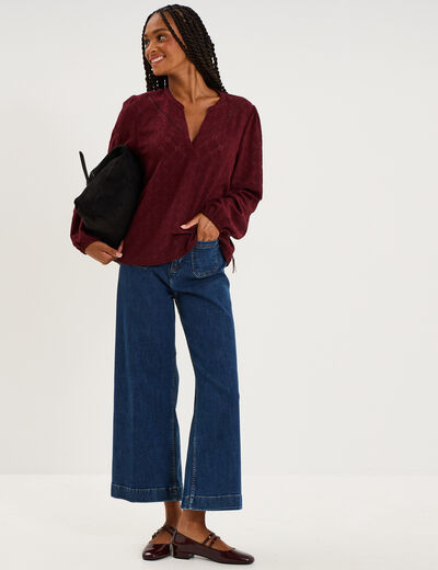 Blouse broderie anglaise manches longues violet fonc&eacute; femme