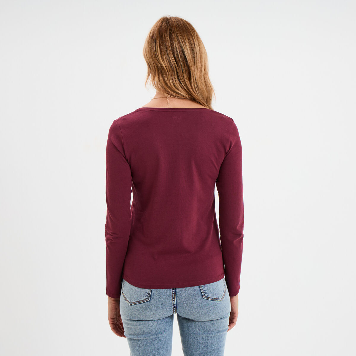 T-shirt coton col rond manches longues bordeaux femme