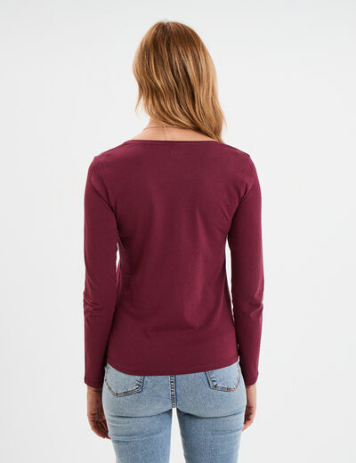 T-shirt coton col rond manches longues bordeaux femme