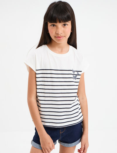T-shirt manches courtes col rond coton ecru fille