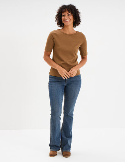 T-shirt col rond manches courtes coton beige femme