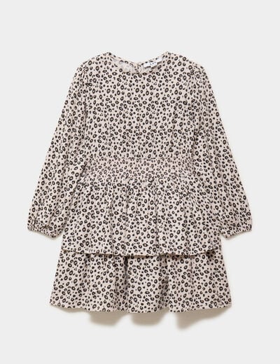 Robe courte patineuse &agrave; volants smock&eacute;e sable fille