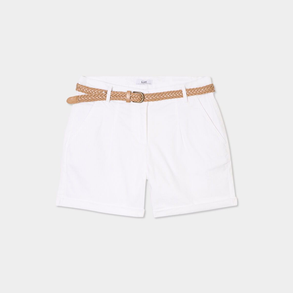 Short chino ceinture tress&eacute;e blanc femme