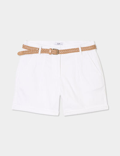 Short chino ceinture tress&eacute;e blanc femme
