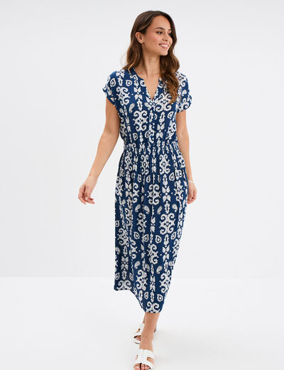 Robe longue cr&eacute;pon col tunisien bleu marine femme