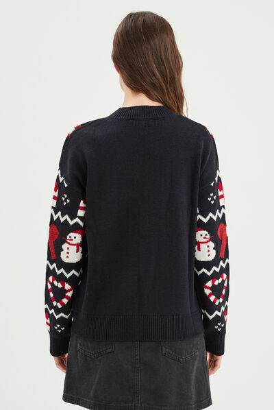 Pull de Noël manches longues et col rond bleu marine femme