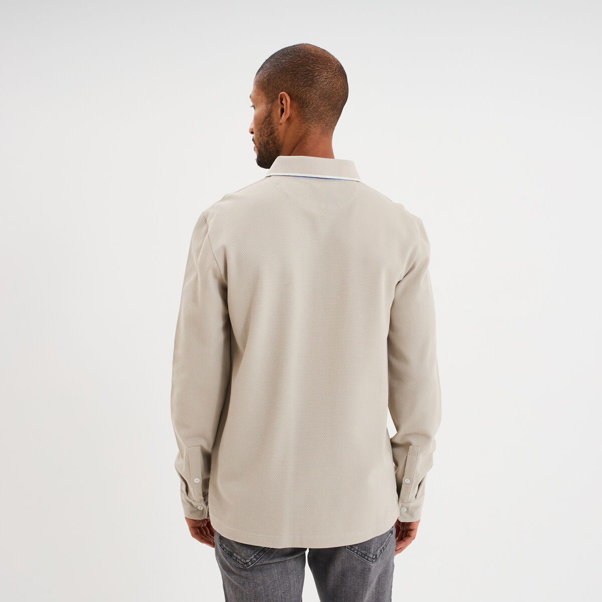 Polo piqu&eacute; droit manches longues coton gris clair homme