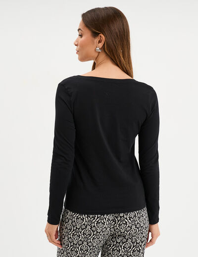 T-shirt col en V manches longues coton noir femme