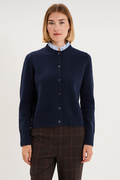 Gilet col rond boutonn&eacute; 2 en 1 bleu fonc&eacute; femme