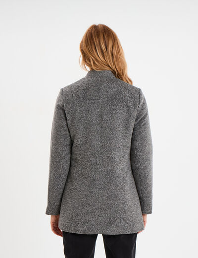 Manteau mi-long cintré zippé col montant gris foncé femme