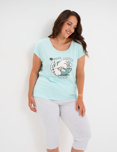 Ensemble pyjama corsaire coton bleu turquoise femme grande taille