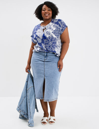 Blouse fluide col à cordons bleu femme grande taille
