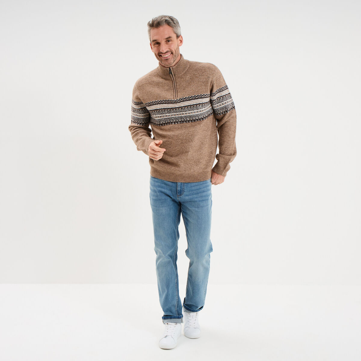 Pull camionneur jacquard manches longues taupe homme
