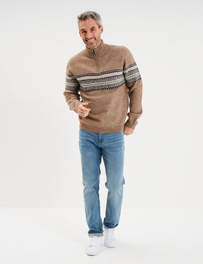 Pull camionneur jacquard manches longues taupe homme