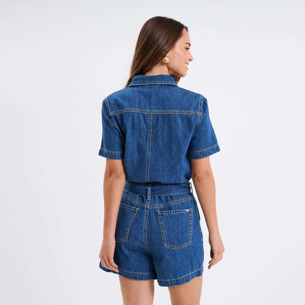 Combishort en jean ceinturée coton denim stone femme