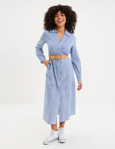 Robe chemise longue ceintur&eacute;e coton blanc femme