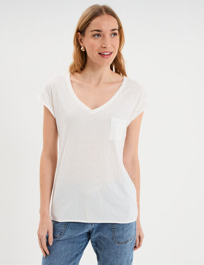 T-shirt col v poche poitrine blanc femme