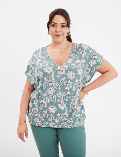T-shirt col en V manches courtes bleu gris femme grande taille