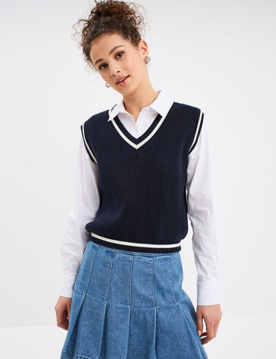 Pull sans manches col en V Creeks bleu marine femme