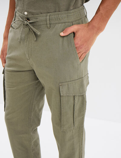 Pantalon cargo en mélange de lin vert kaki homme