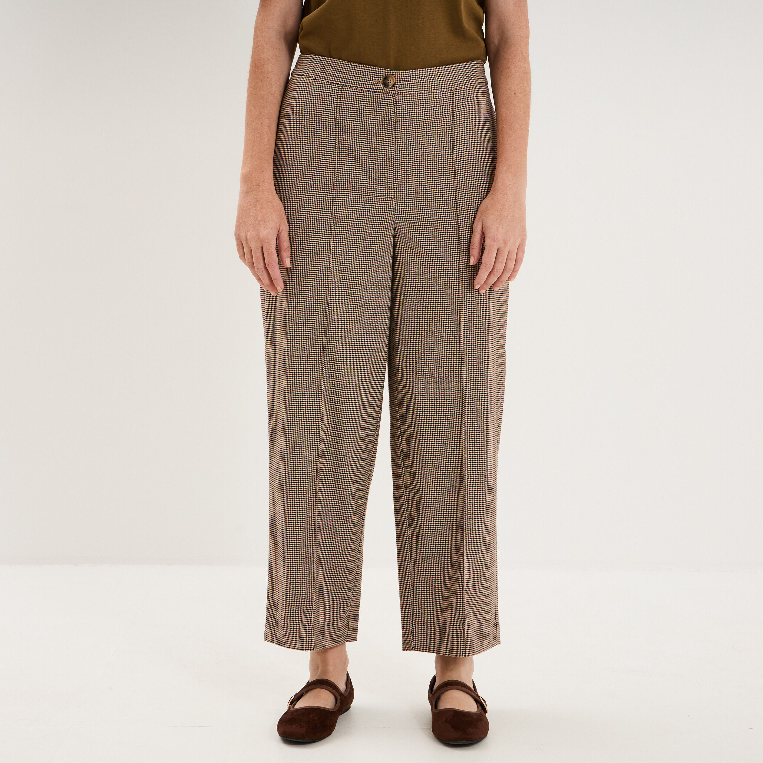 Pantalon droit cropped taille haute marron femme