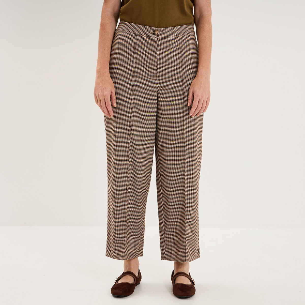 Pantalon droit cropped taille haute marron femme