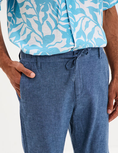 Bermuda chino &agrave; coulisse lin m&eacute;lang&eacute; bleu homme