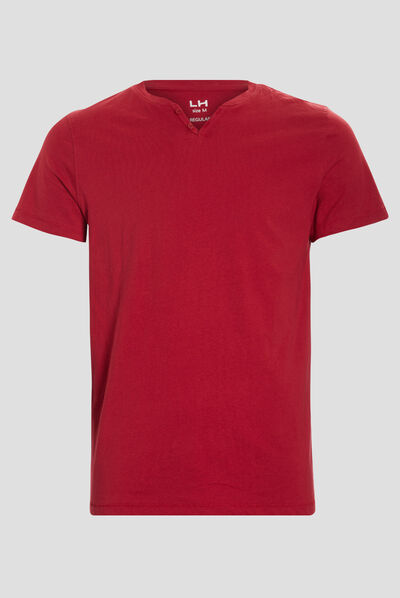 T-shirt manches courtes col tunisien bordeaux homme