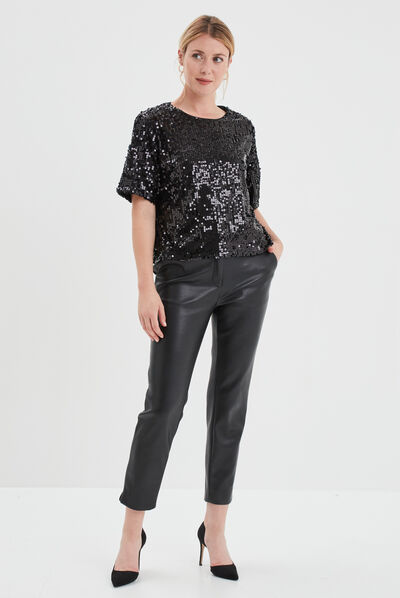T-shirt à sequins manches courtes droit noir femme