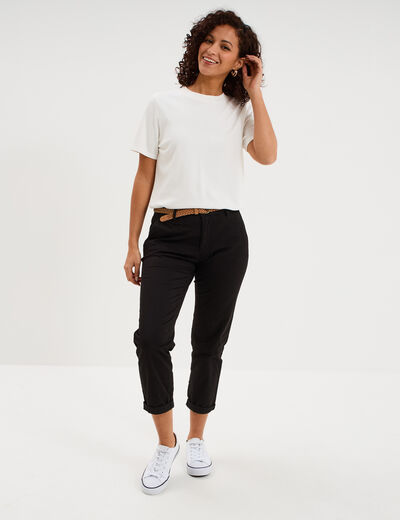 Pantalon chino 7/8&egrave;me ceinture tress&eacute;e noir femme