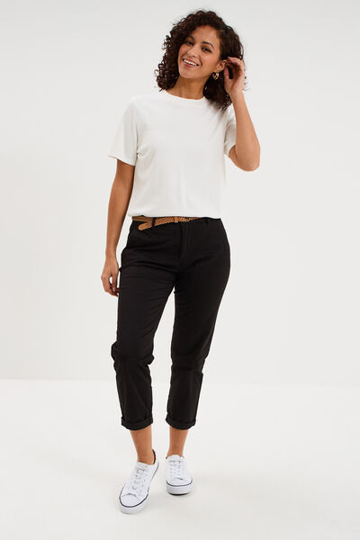Pantalon chino 7/8&egrave;me ceinture tress&eacute;e noir femme