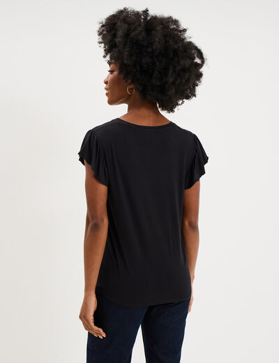 T-shirt droit manches courtes &agrave; volants noir femme