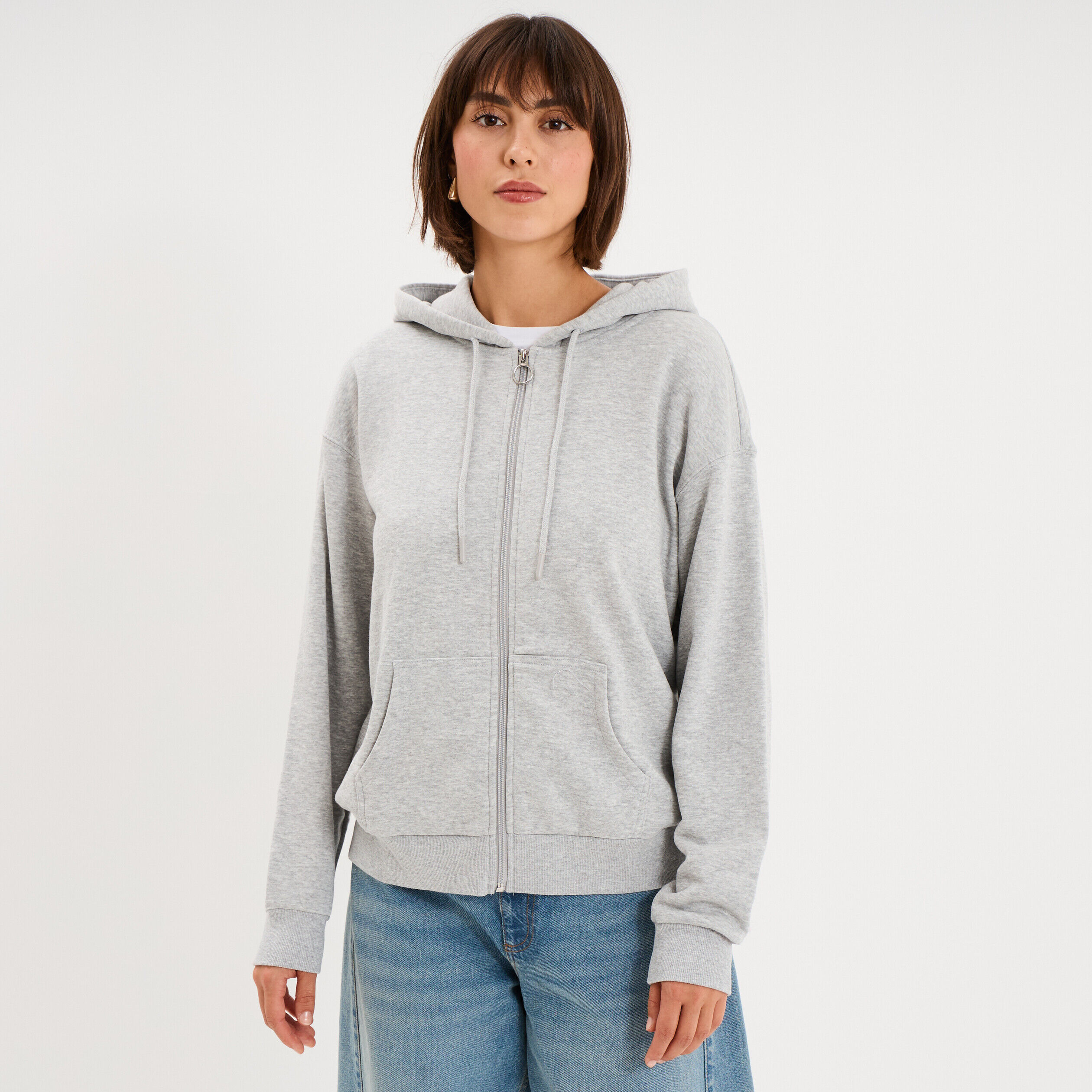 Sweat zippé à capuche gris clair femme LH
