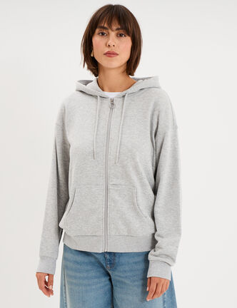 Sweat zipp&eacute; &agrave; capuche gris clair femme