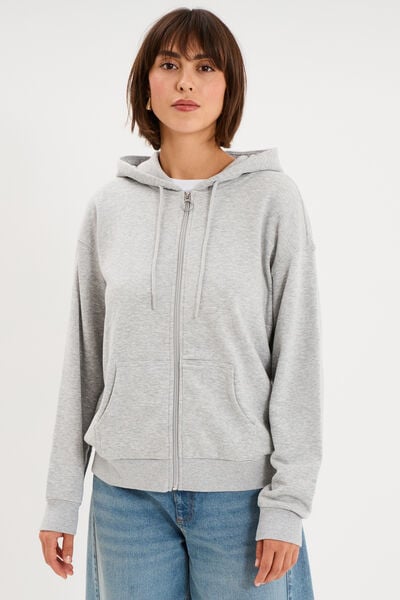Sweat zipp&eacute; &agrave; capuche gris clair femme