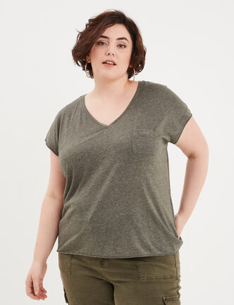 T-shirt effet chiné col en V avec poche vert kaki femme grande taille