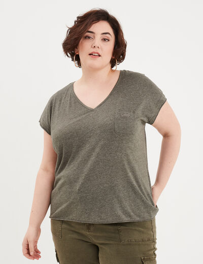 T-shirt effet chiné col en V avec poche vert kaki femme grande taille