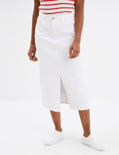 Jupe midi fendue en jean coton denim blanc femme