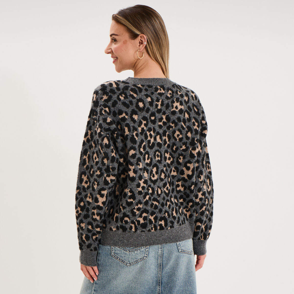 Pull col rond &agrave; manches longues gris moyen femme