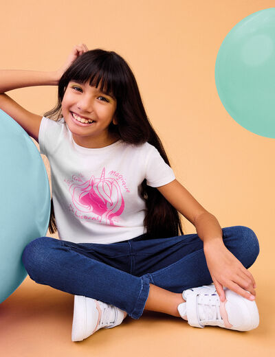 T-shirt col rond manches courtes coton ivoire fille